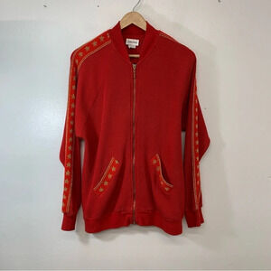 Vtg Neiman Marcus Thermal Waffle Knit‎ Red Sweatshirt Woman M Zip Gold Trim USA
